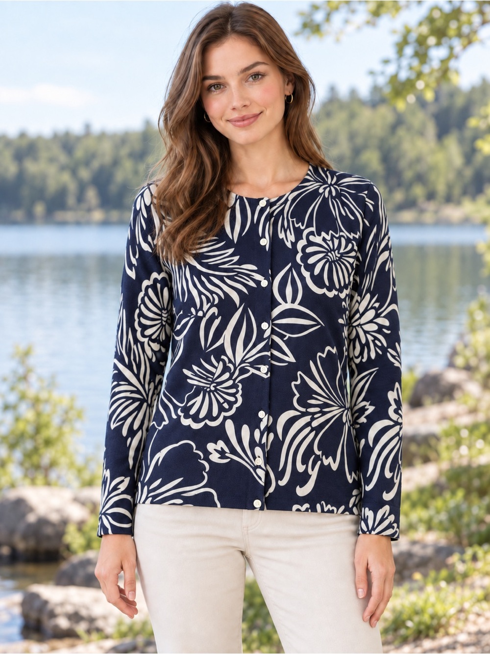 Vintage Lilly Pulitzer Navy Floral Cotton Cardigan Size L